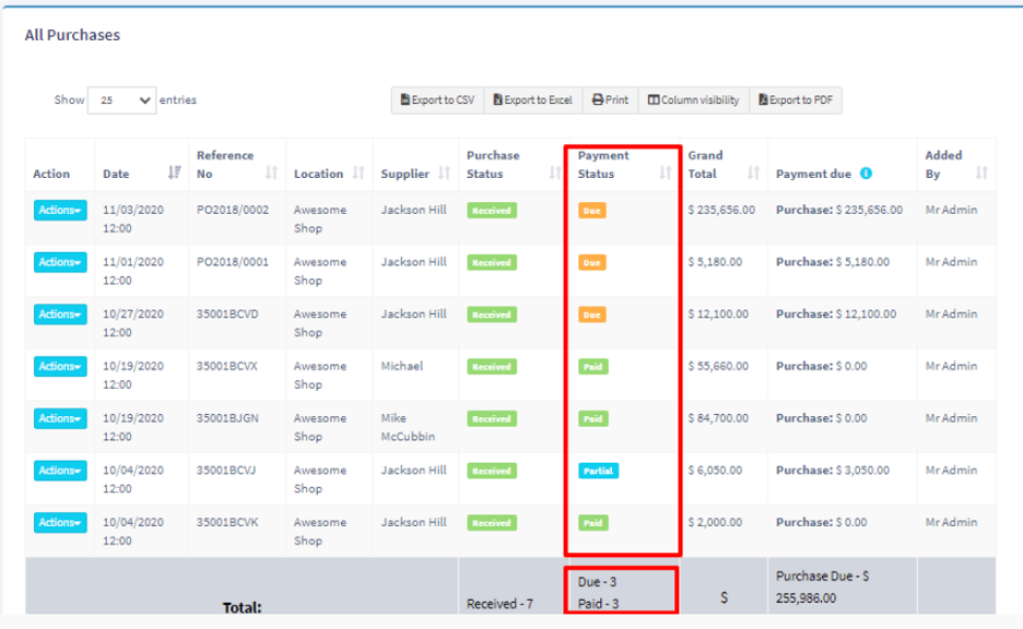 Purchase Payment Statuses