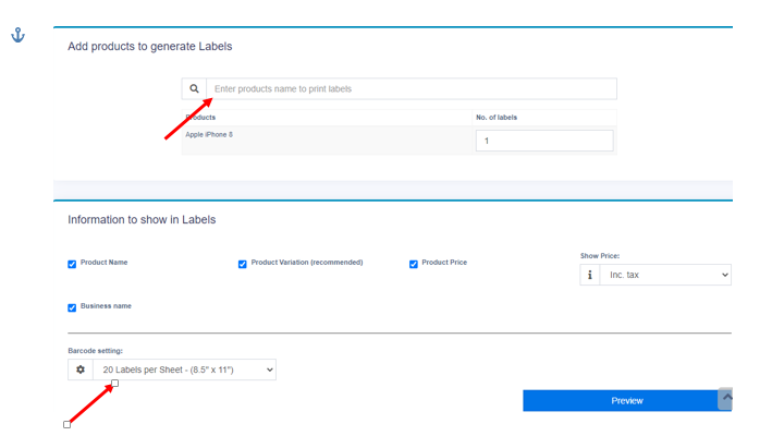Select Product and Barcode Settings