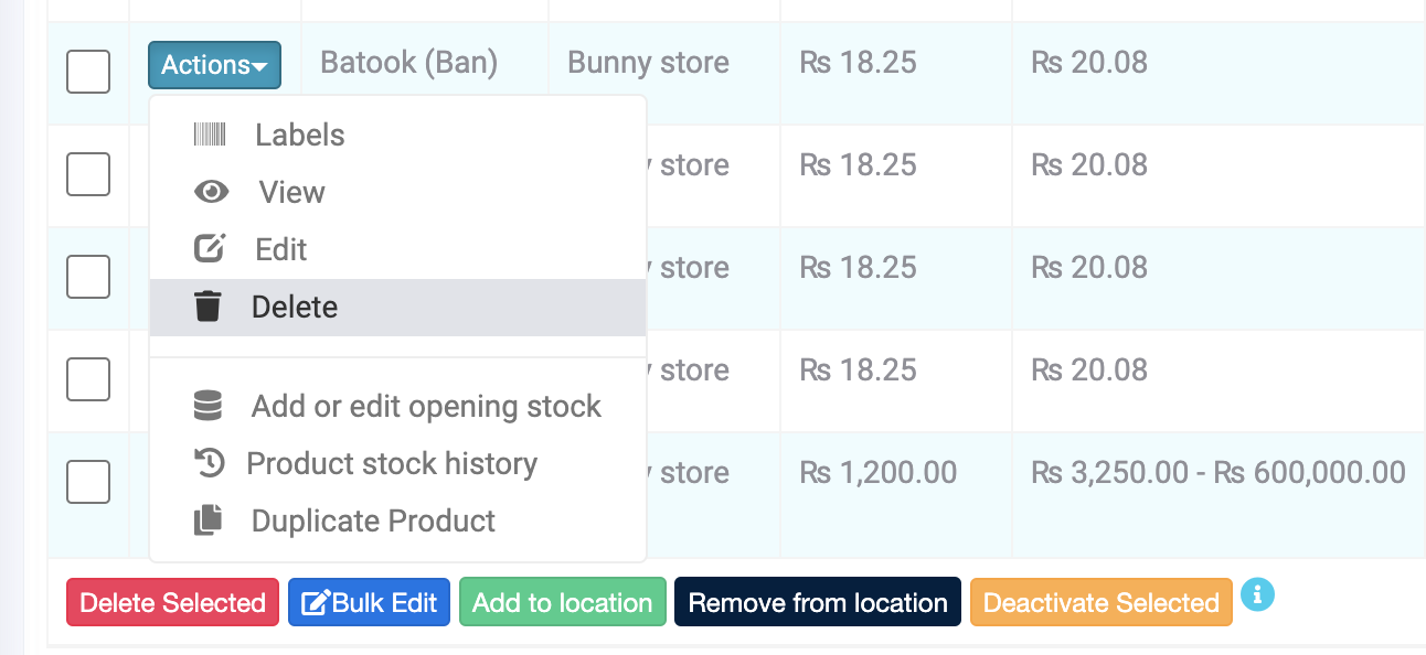 Error example for deleting a product