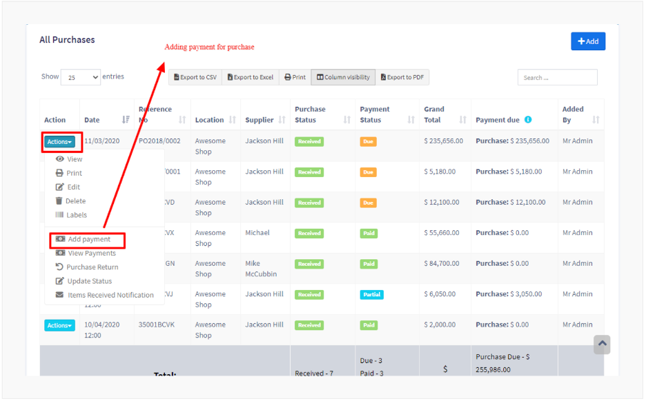 Actions for Adding Payment from List Purchase
