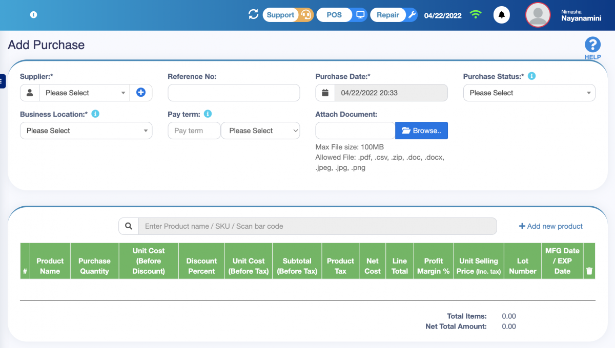 Adding Purchase Details