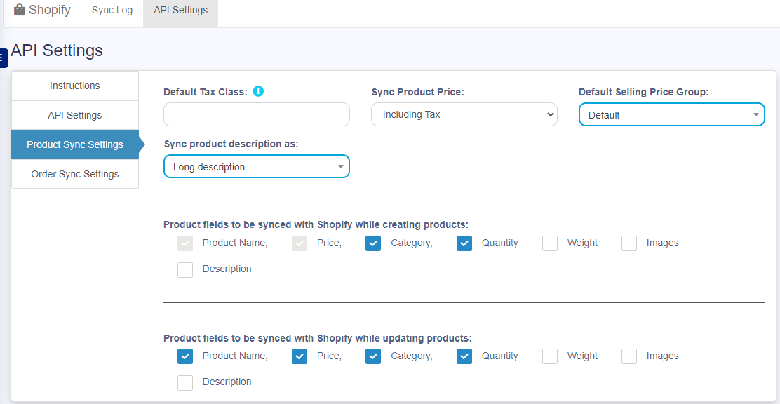 Product Sync Settings