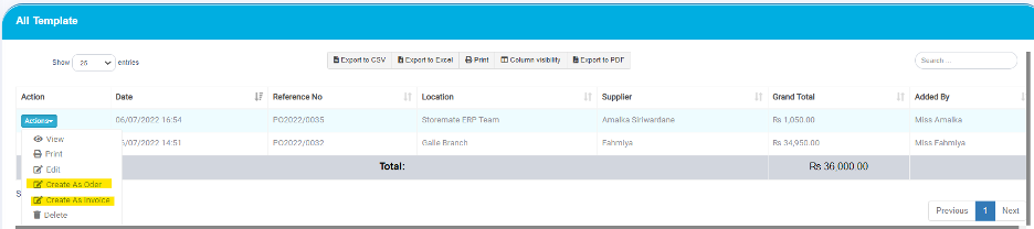 Convert Template to PO or PI