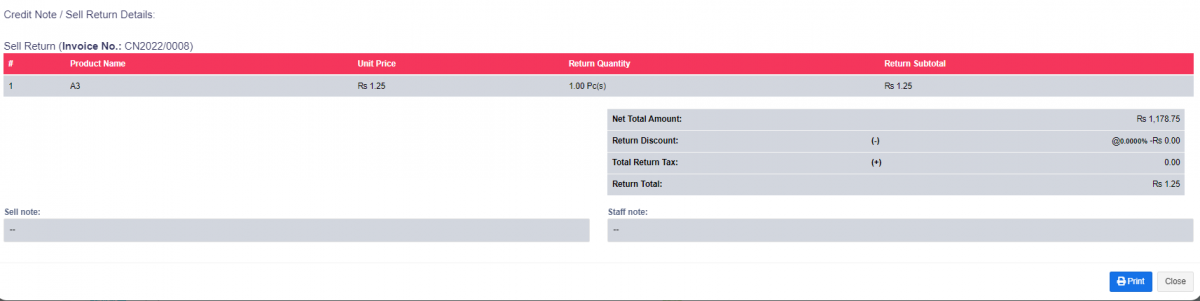 Credit Note and Return Details Screenshot