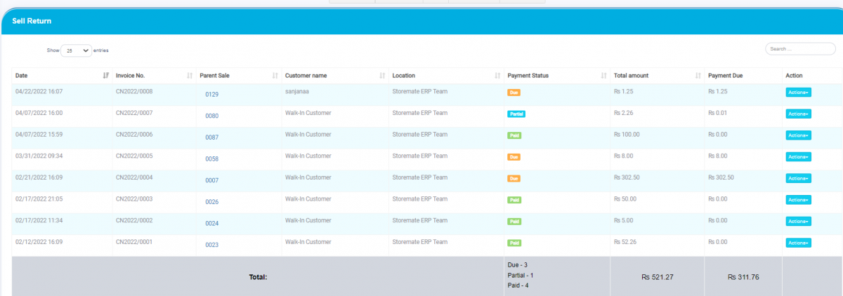 Sell Return Filters Screenshot