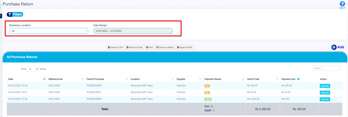 List Purchase Return Filters