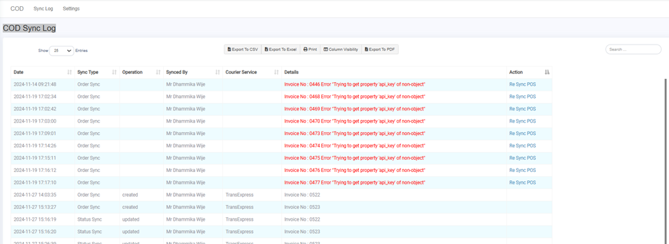 COD Sync Log Overview